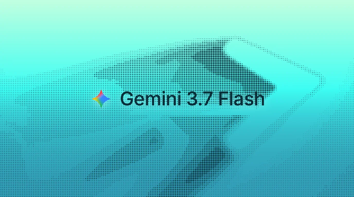 A Google hivatalos Gemini 3.7 Flash vizuálja duotone halftone feldolgozásban: cián-mint gradiensen sötét pontraszter-fénynyaláb, középen a Gemini-csillag és a felirat