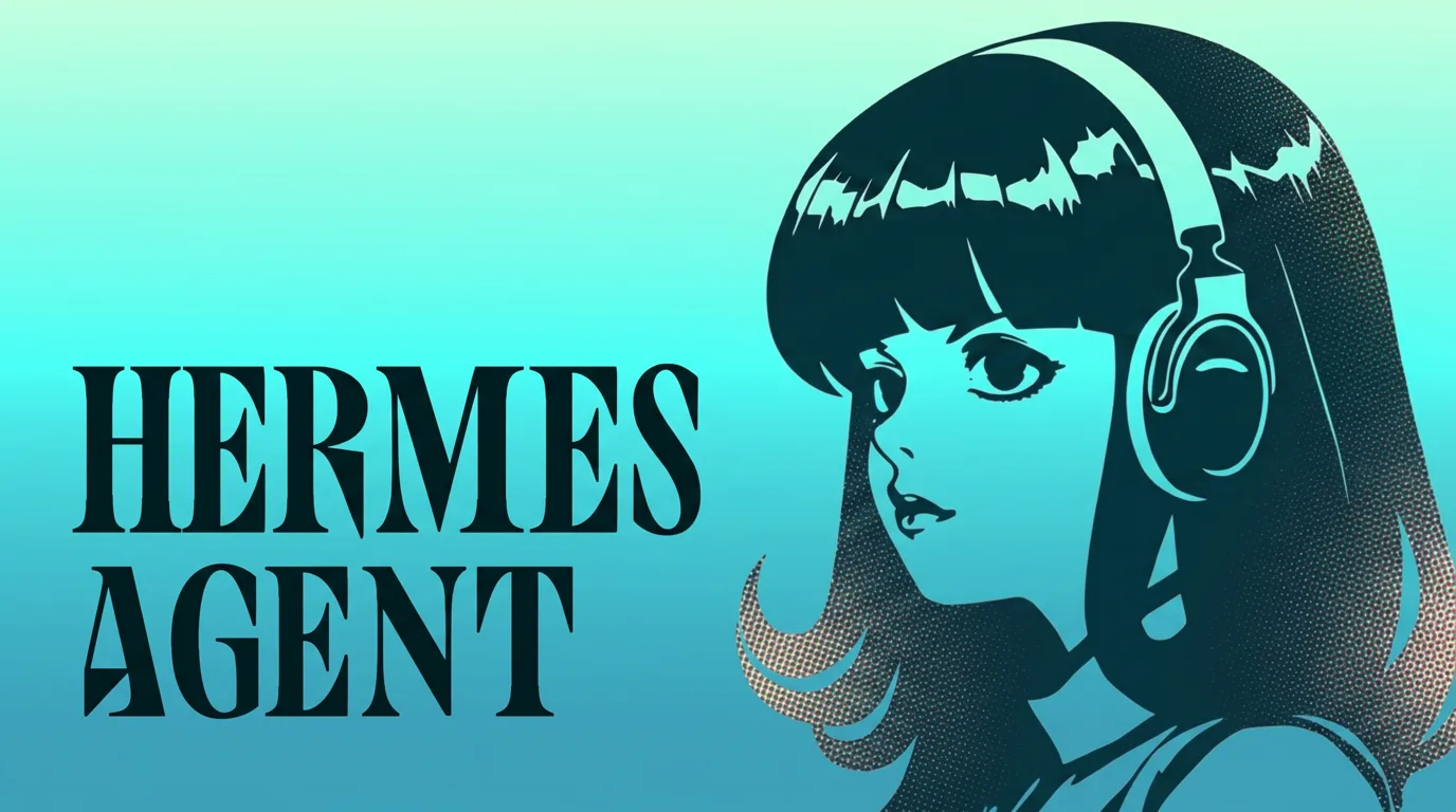 A Hermes Agent karaktere: fejhallgatós anime-lány tus-grafikán, a haj élei finom nyomdai raszterbe oldódnak, mellette HERMES AGENT felirat