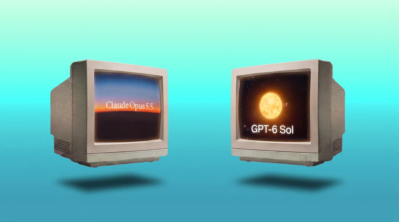 Két retró CRT-monitor világos cián-mint gradiensen: a bal képernyőn a Claude Opus 5.5 felirat egy kék-narancs napfelkeltés horizont fölött, a jobbon izzó nap csillagmezőben a GPT-6 Sol felirattal